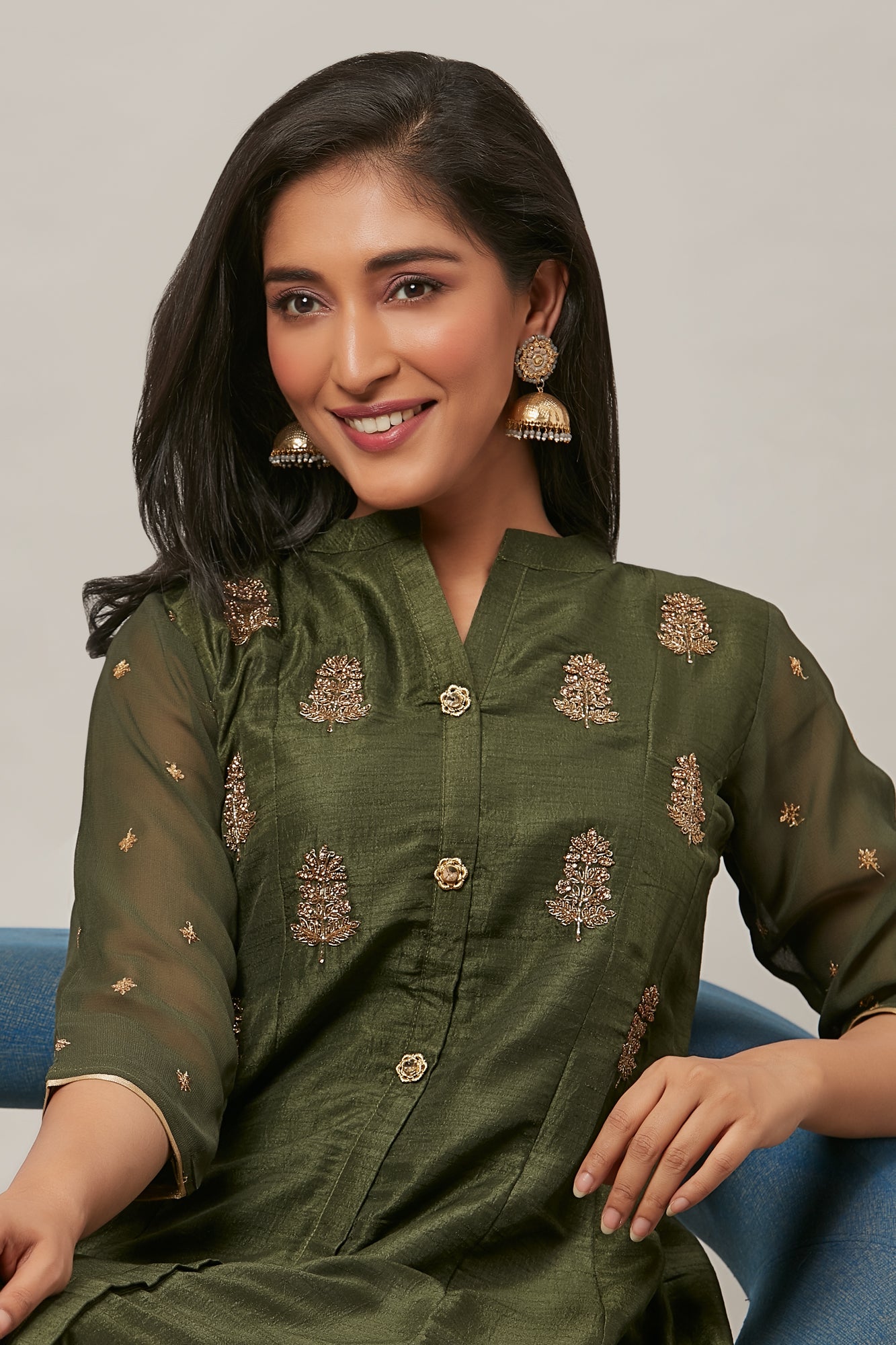 Urban Mystic Olive Green Colored Long Flared Party Wear Kurta