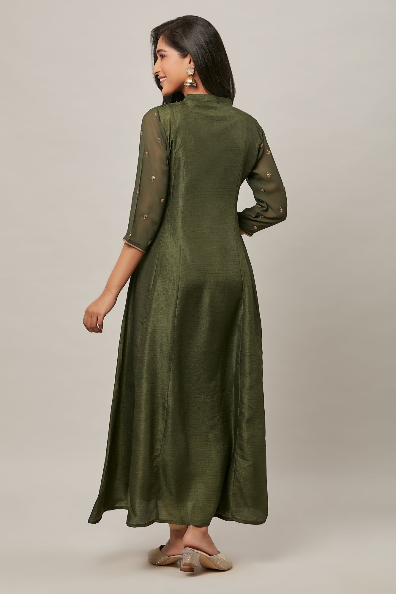 Urban Mystic Olive Green Colored Long Flared Party Wear Kurta