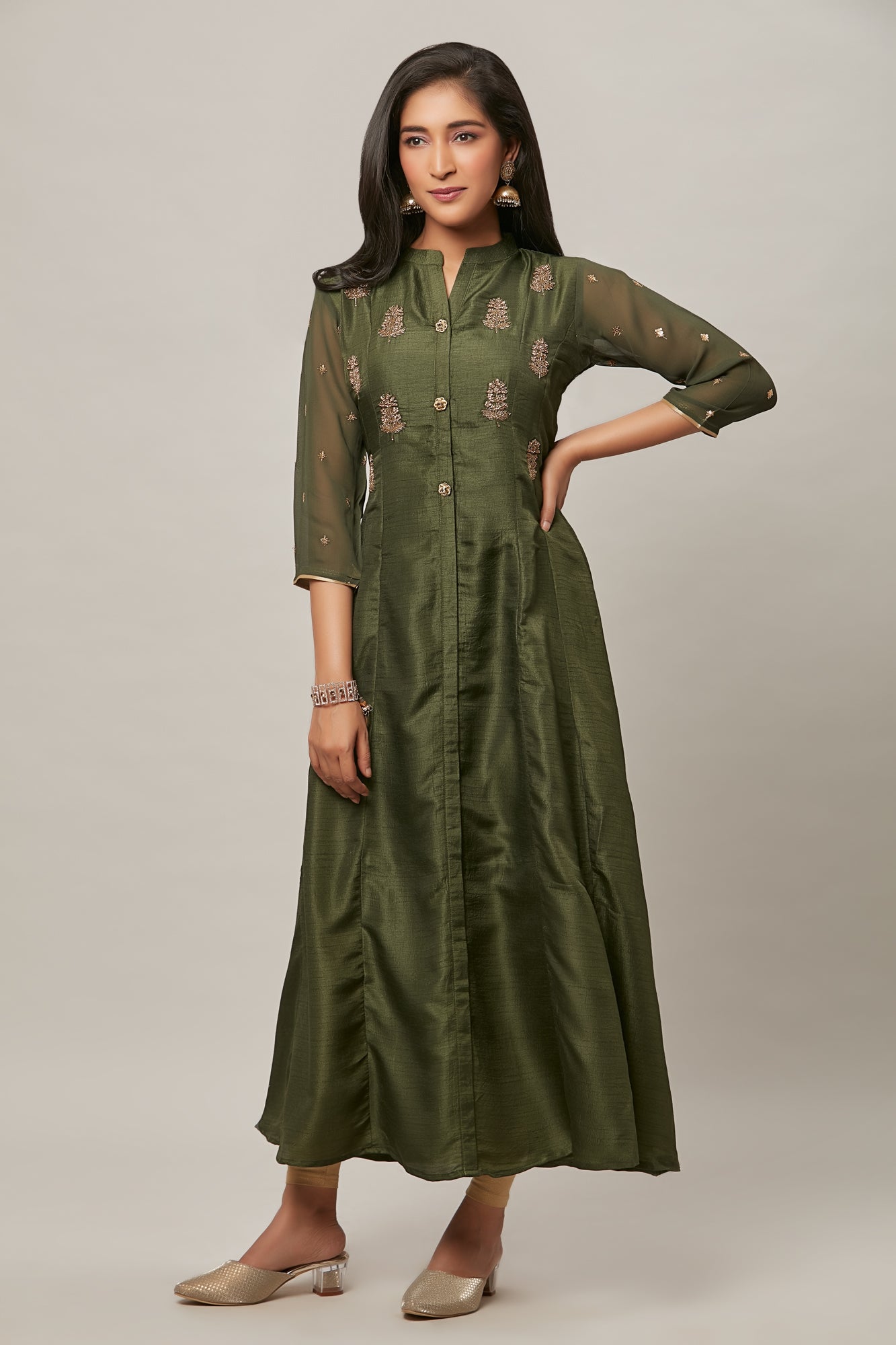 Urban Mystic Olive Green Colored Long Flared Party Wear Kurta
