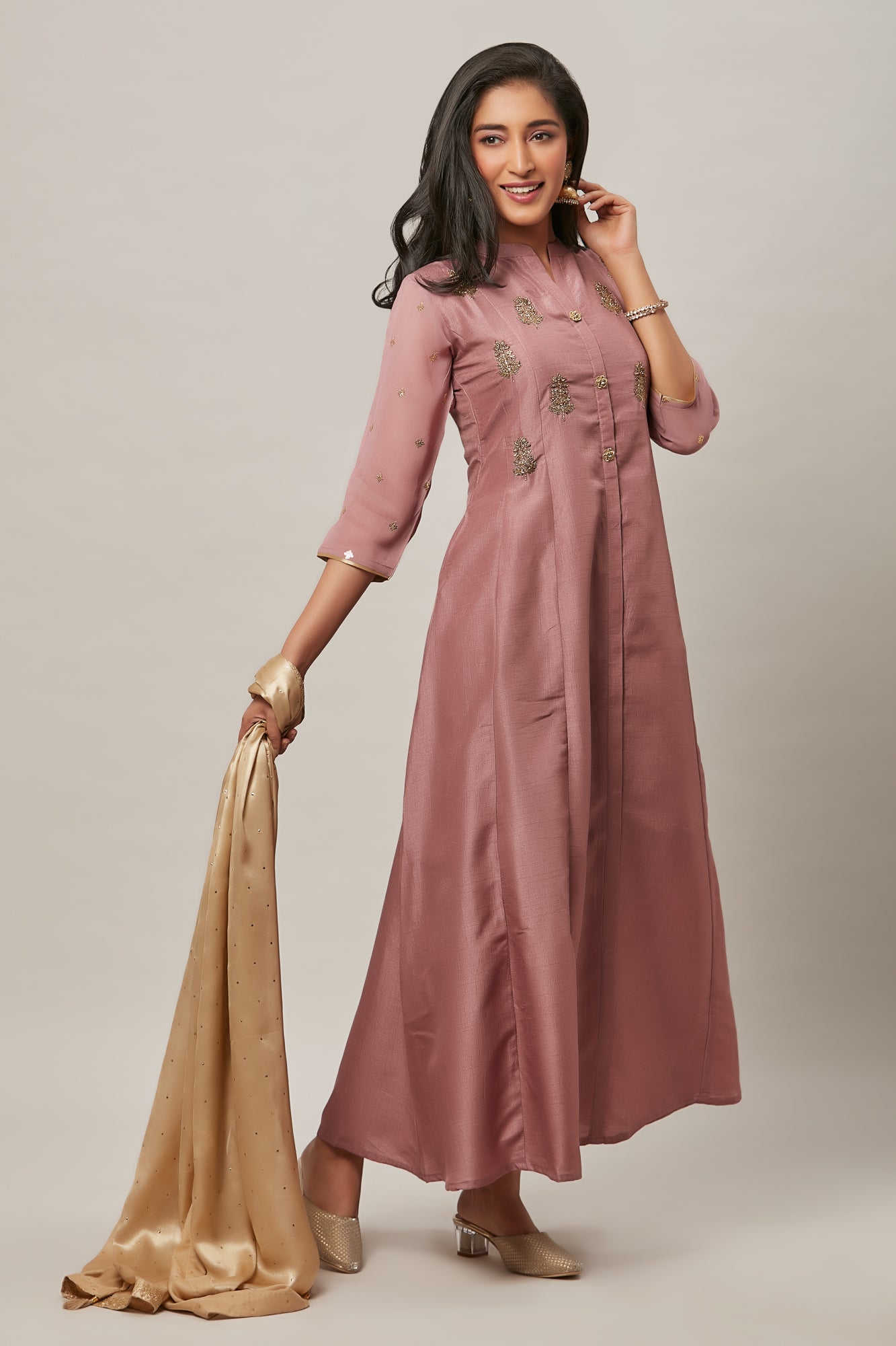 Urban Mystic Onion Colored Flared Long Kurta With Embroidery