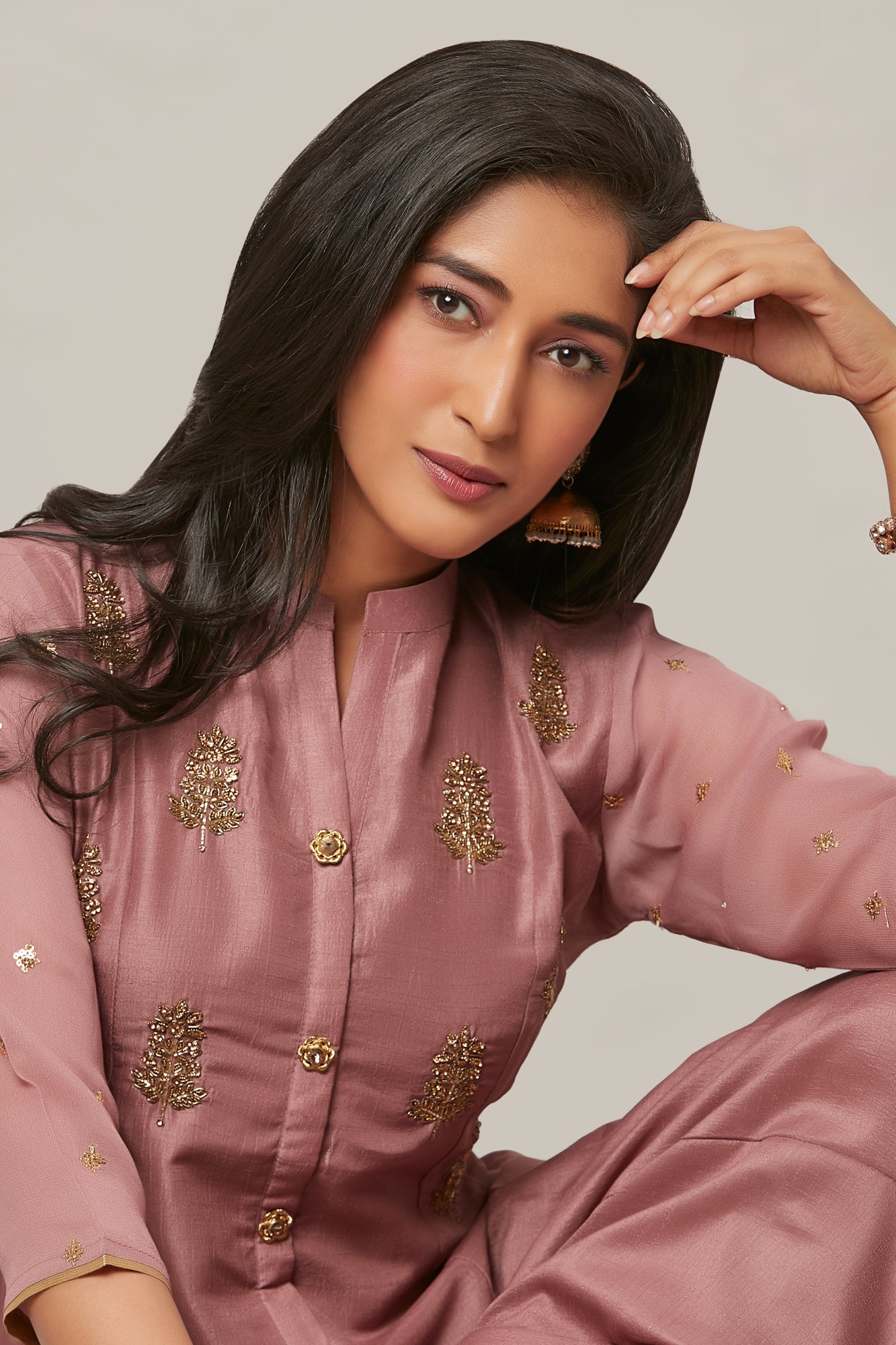 Urban Mystic Onion Colored Flared Long Kurta With Embroidery