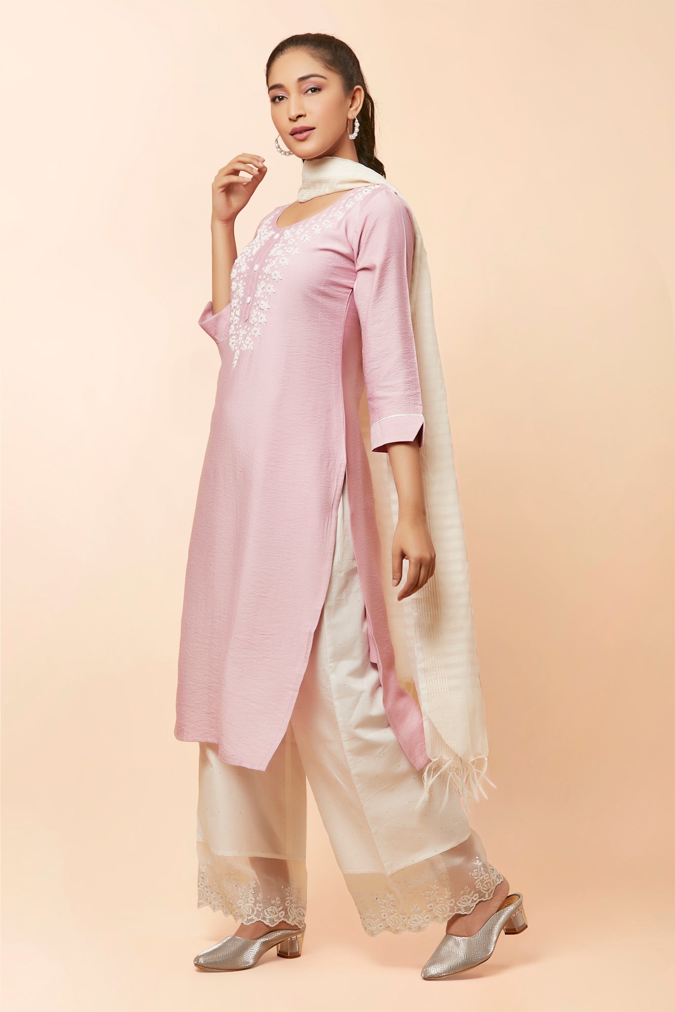 Urban Mystic Light Pink Pearl Embroidered Work Kurta