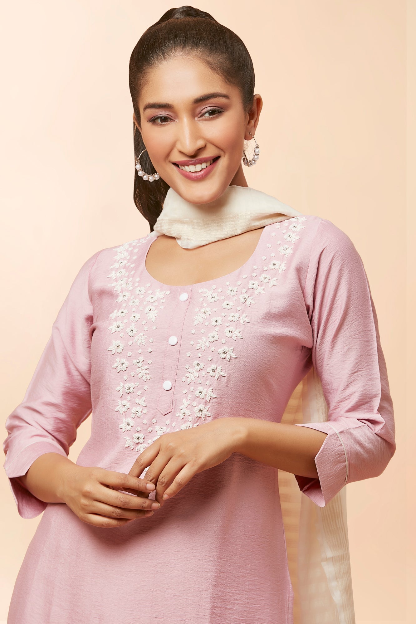 Urban Mystic Light Pink Pearl Embroidered Work Kurta