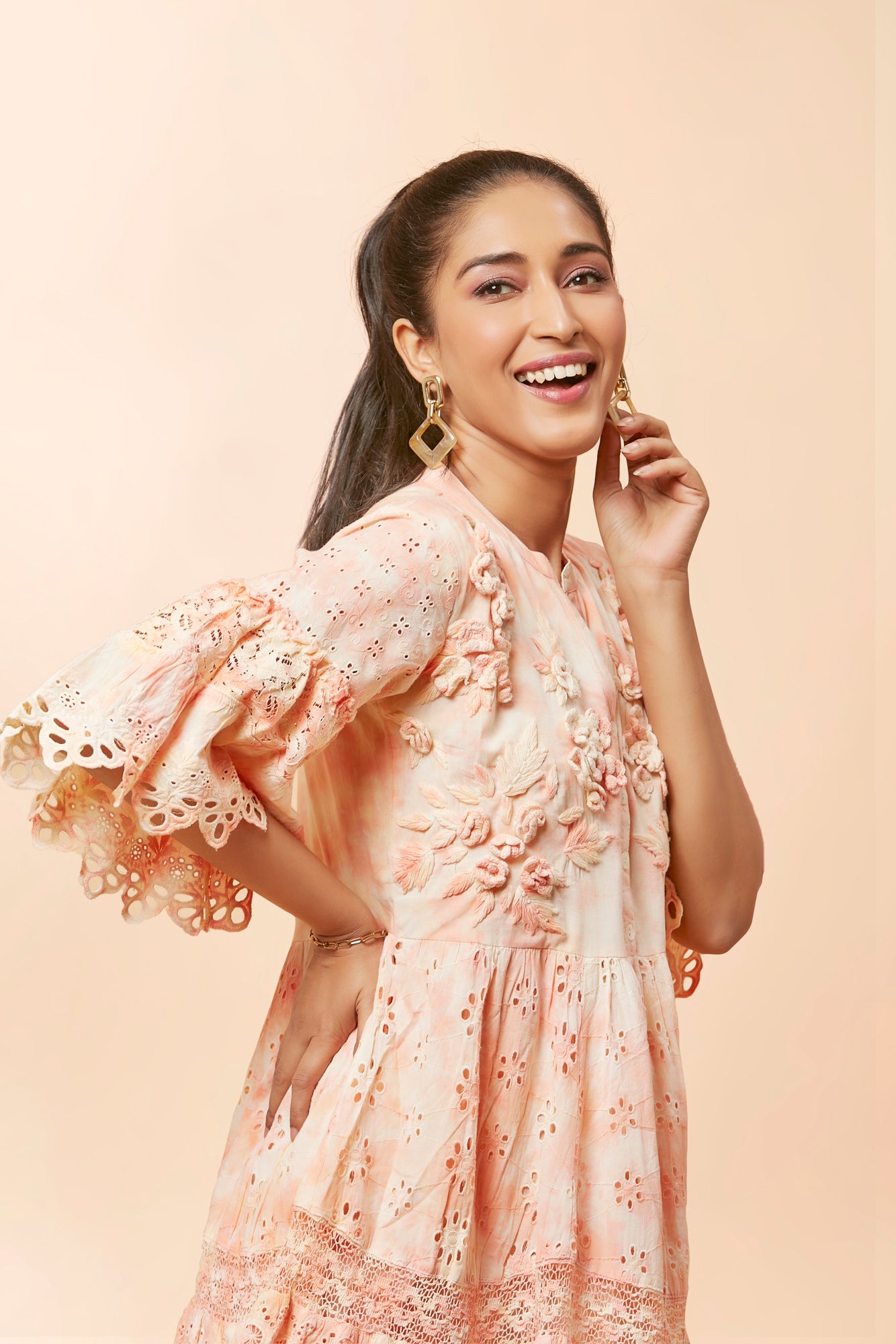 Urban Mystic Light Orange Chicken Midi Dress With Floral Embroidery