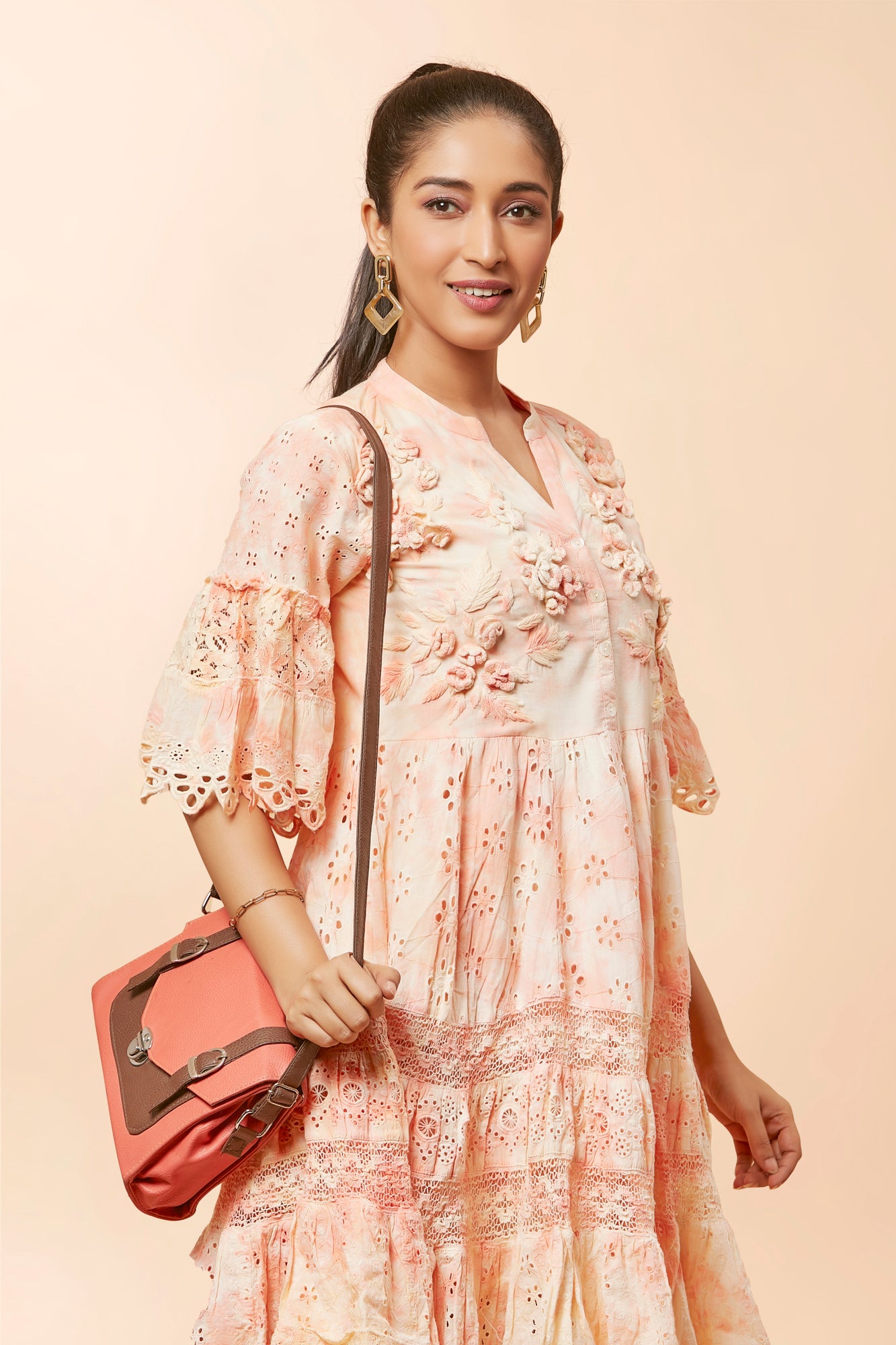 Urban Mystic Light Orange Chicken Midi Dress With Floral Embroidery
