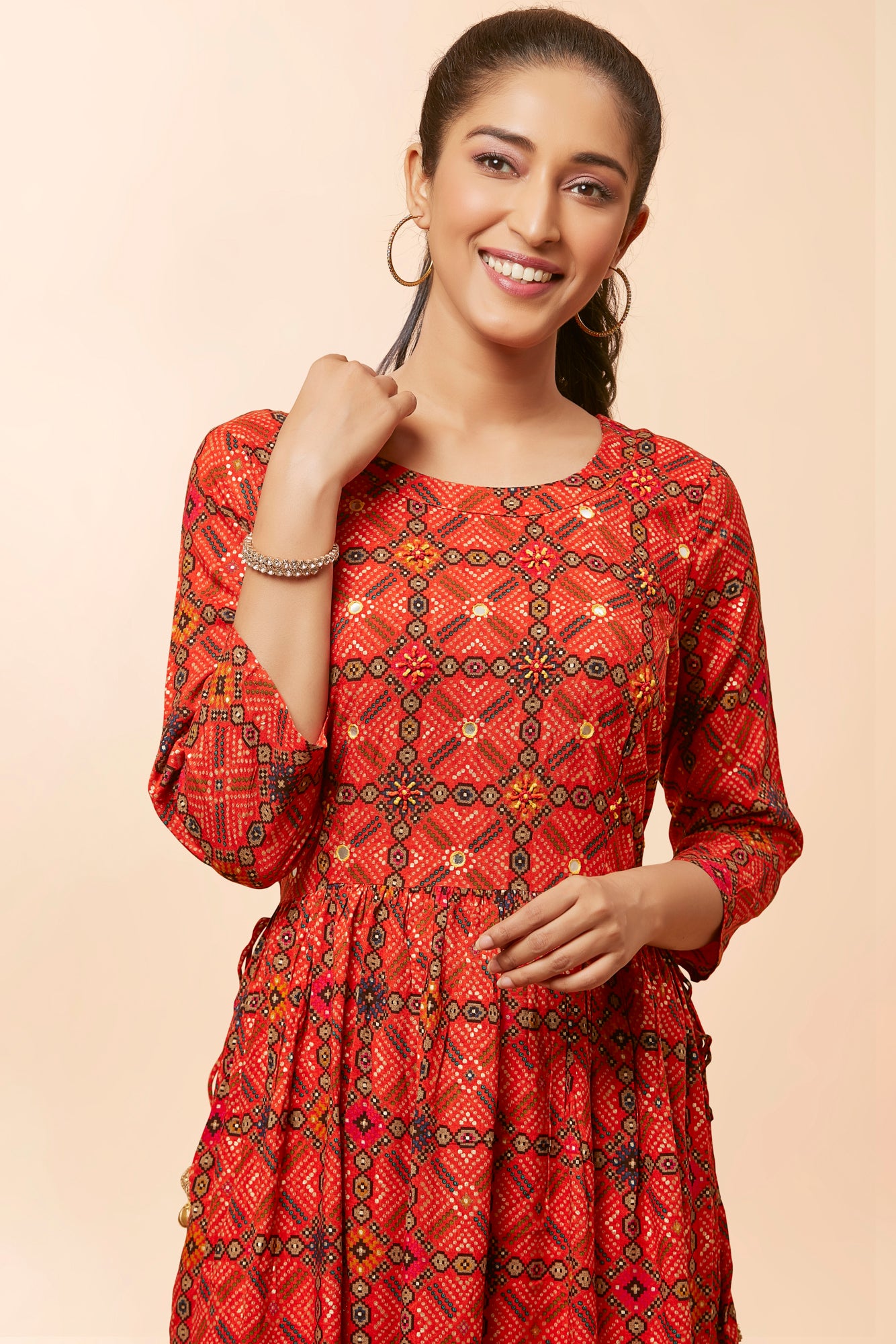 Urban Mystic Bandhani Print Nysha Cut Kurta With Side Tassels