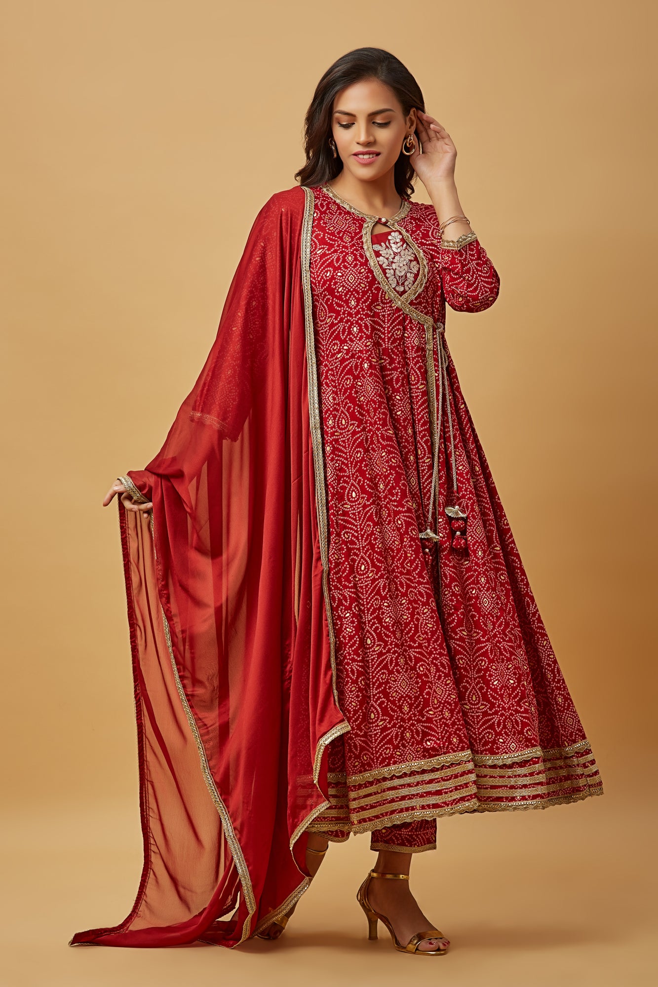 Urban Mystic Maroon Long Flared Bandhani Print Kurta Set With Pant And Duppatta