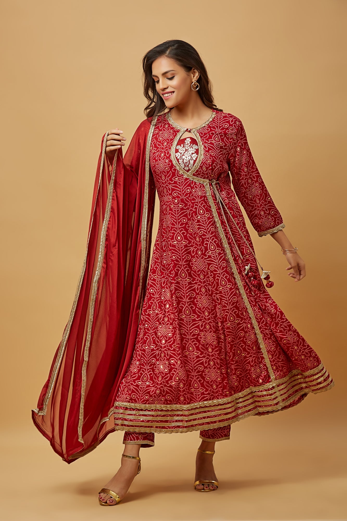Urban Mystic Maroon Long Flared Bandhani Print Kurta Set With Pant And Duppatta