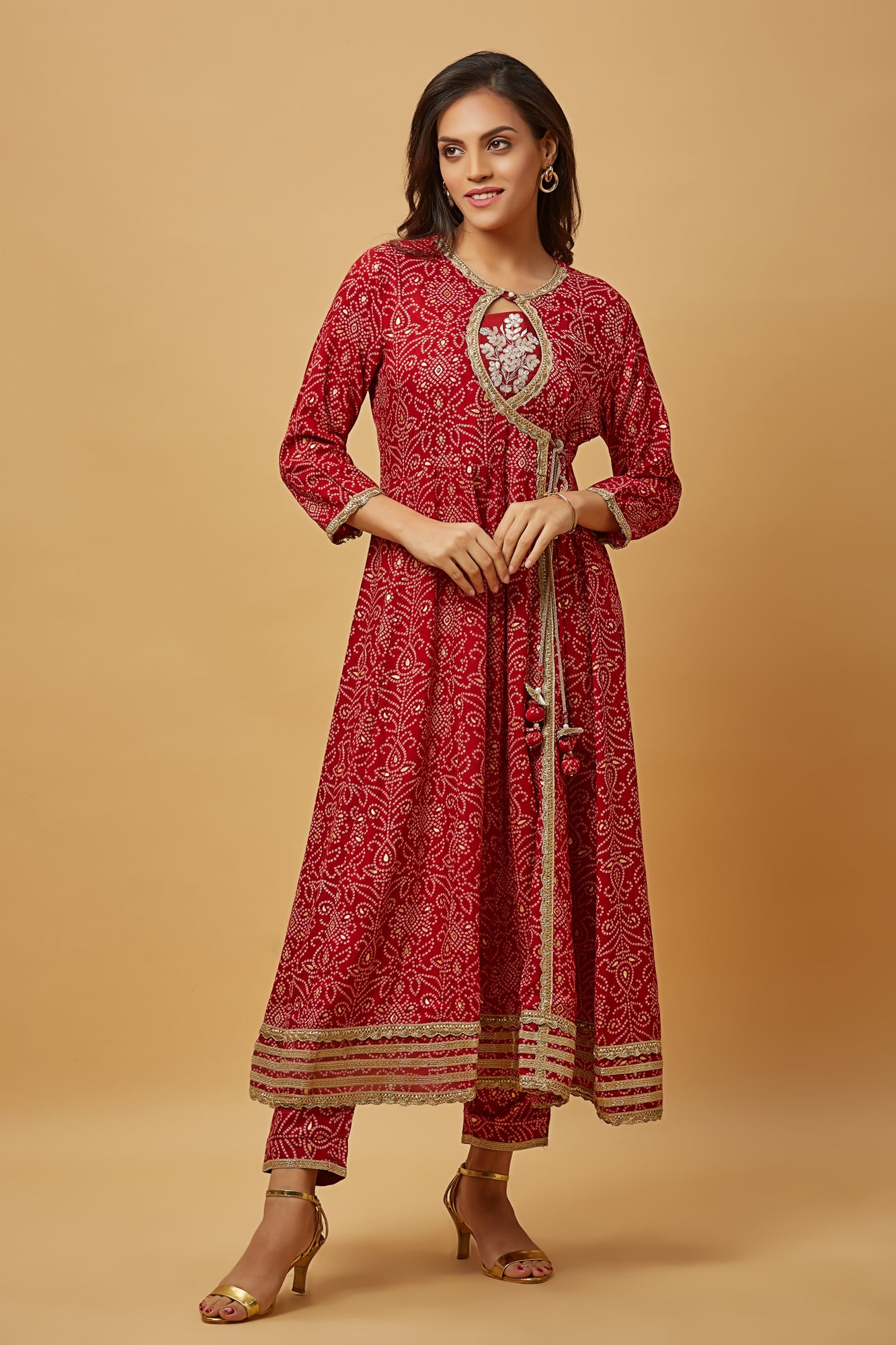 Urban Mystic Maroon Long Flared Bandhani Print Kurta Set With Pant And Duppatta