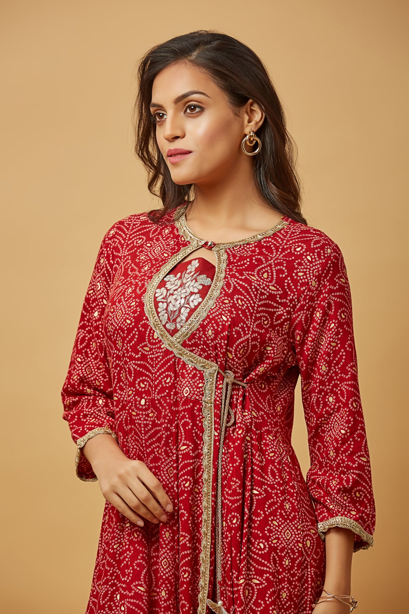 Urban Mystic Maroon Long Flared Bandhani Print Kurta Set With Pant And Duppatta