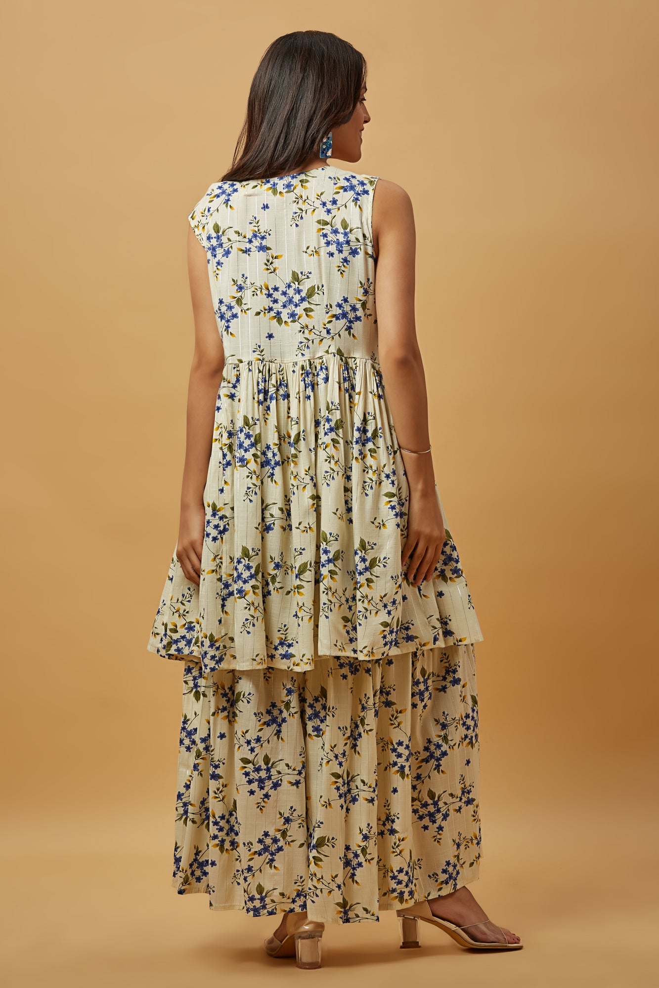 Urban Mystic Blue Floral Print Embroidered Kurta Sharara Set