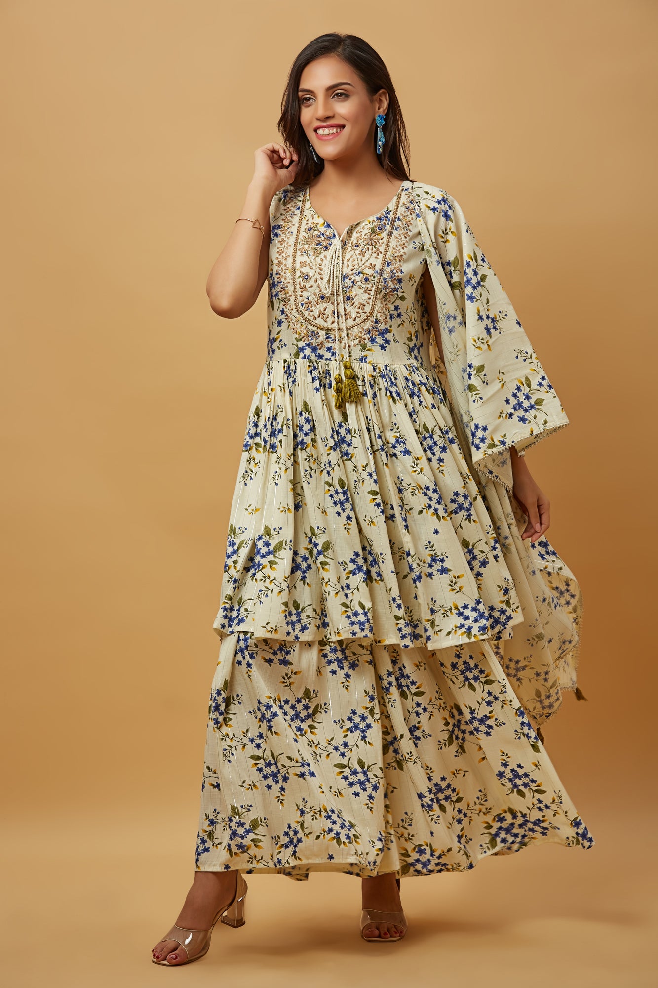 Urban Mystic Blue Floral Print Embroidered Kurta Sharara Set