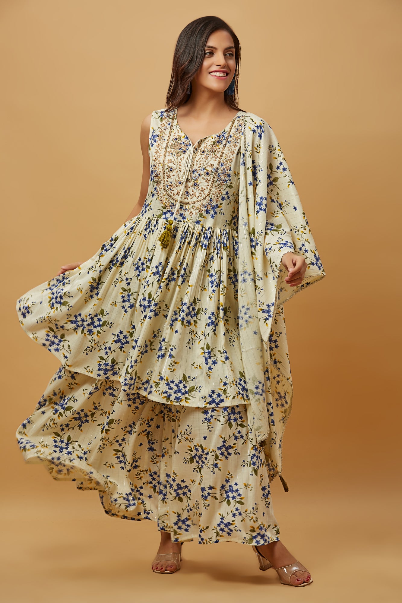 Urban Mystic Blue Floral Print Embroidered Kurta Sharara Set