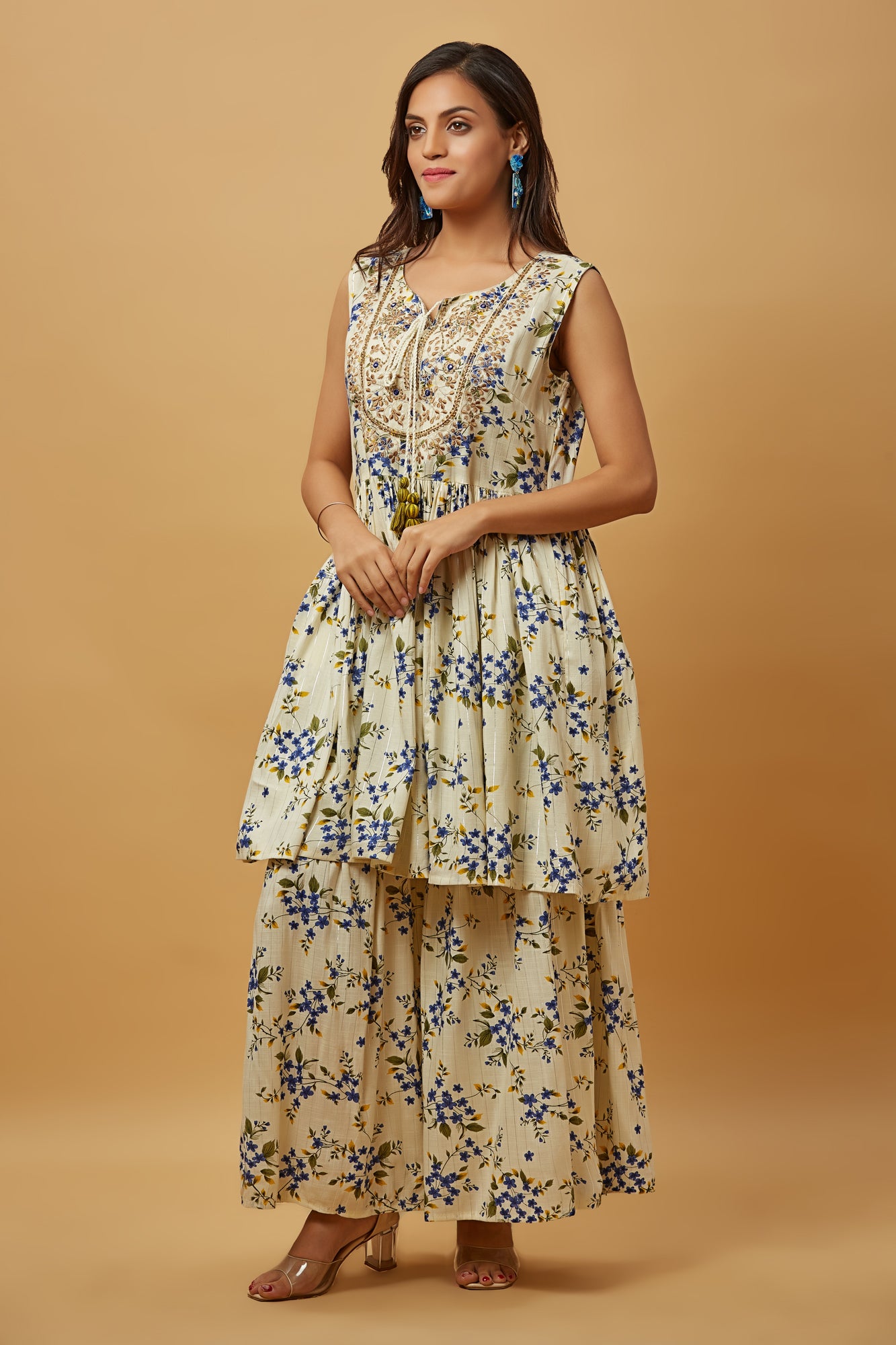 Urban Mystic Blue Floral Print Embroidered Kurta Sharara Set