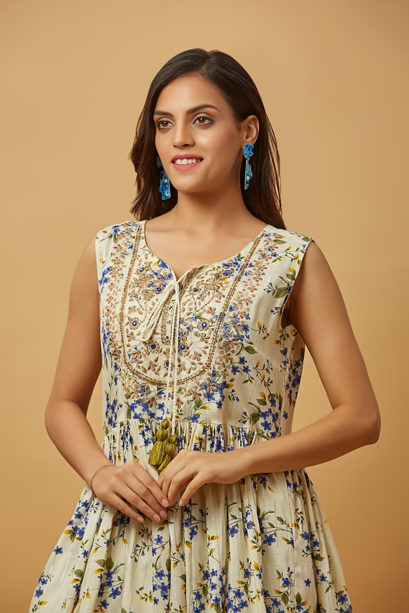 Urban Mystic Blue Floral Print Embroidered Kurta Sharara Set