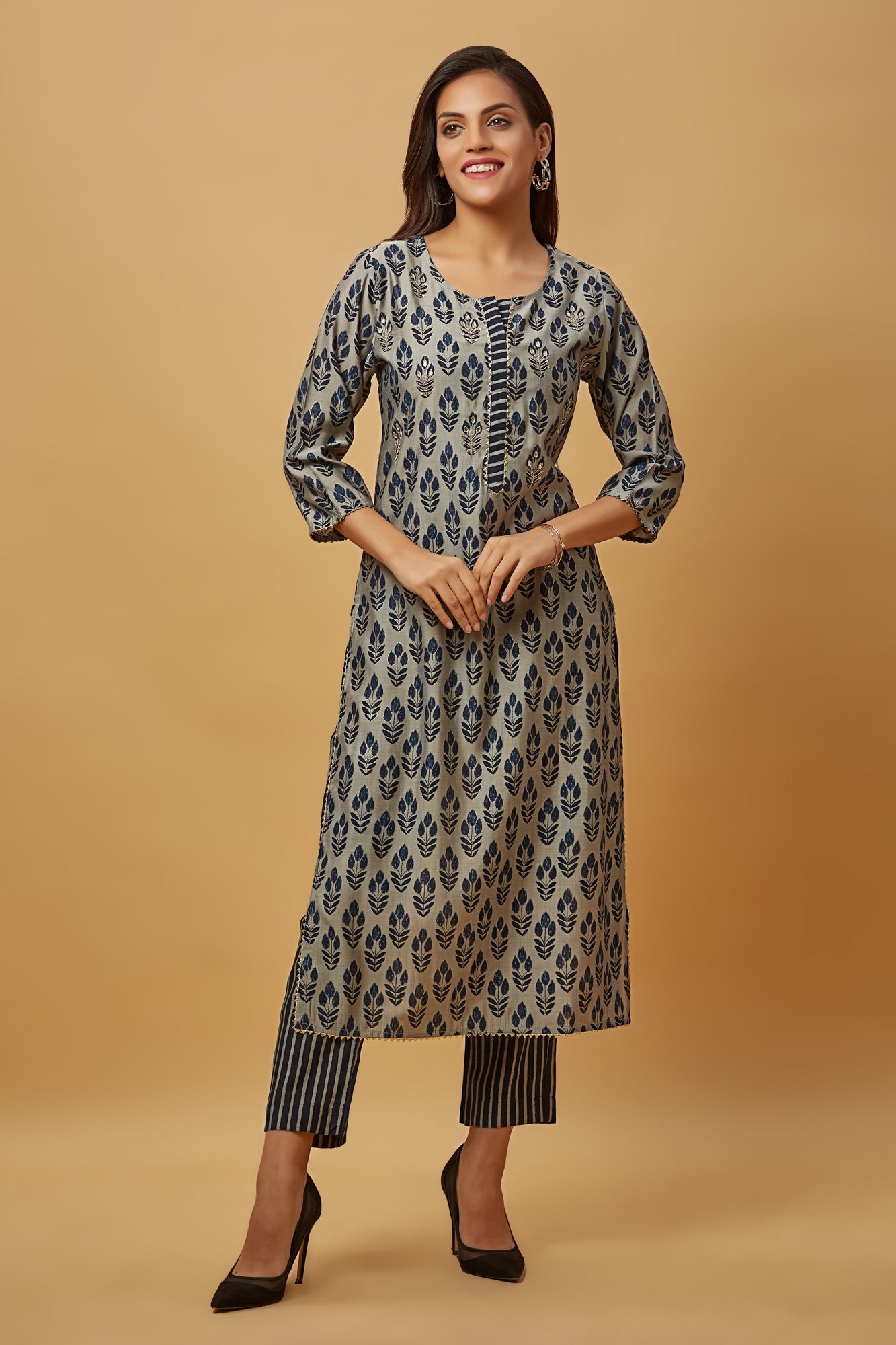 Urban Mystic Blue Embroidered Kurti Pant Set With Duptta