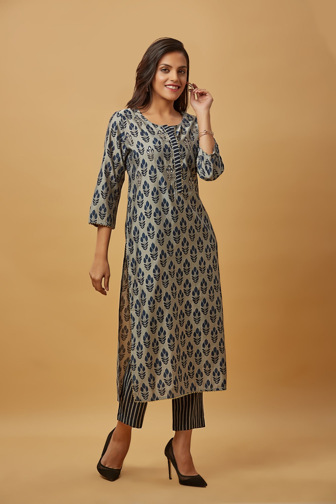 Urban Mystic Blue Embroidered Kurti Pant Set With Duptta