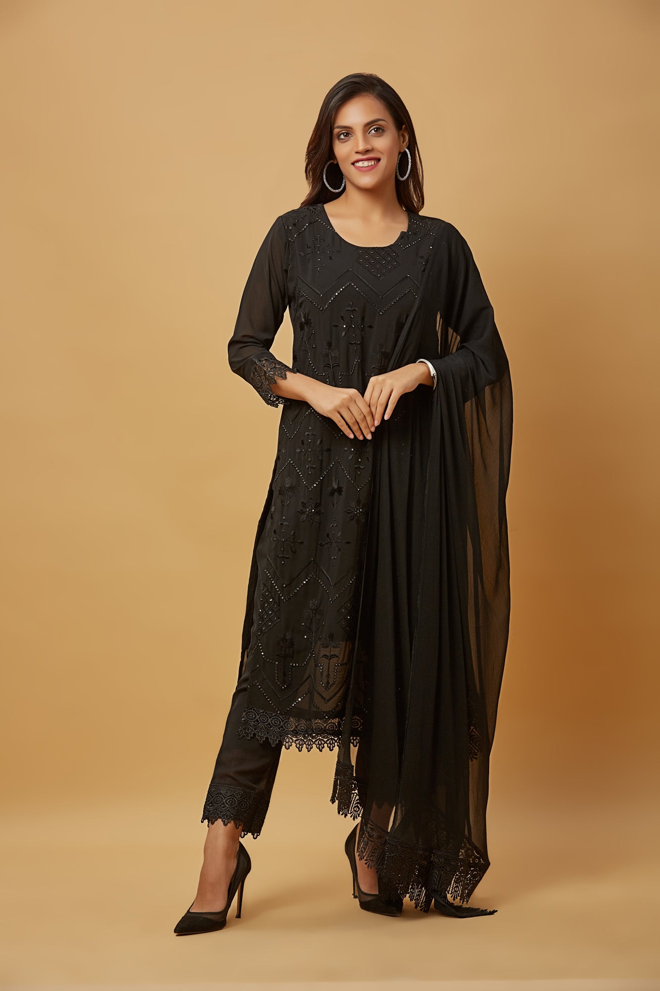 Urban Mystic Chiffon Black Embroidered Long Kurti Set