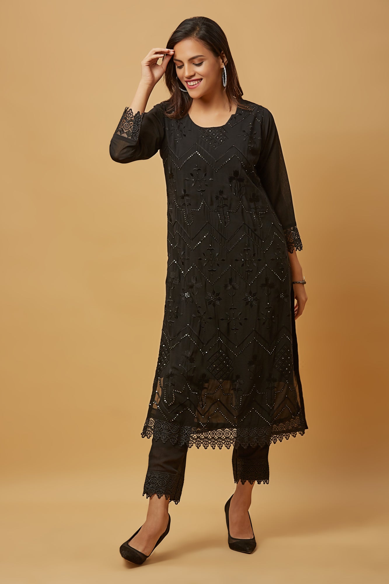 Urban Mystic Chiffon Black Embroidered Long Kurti Set