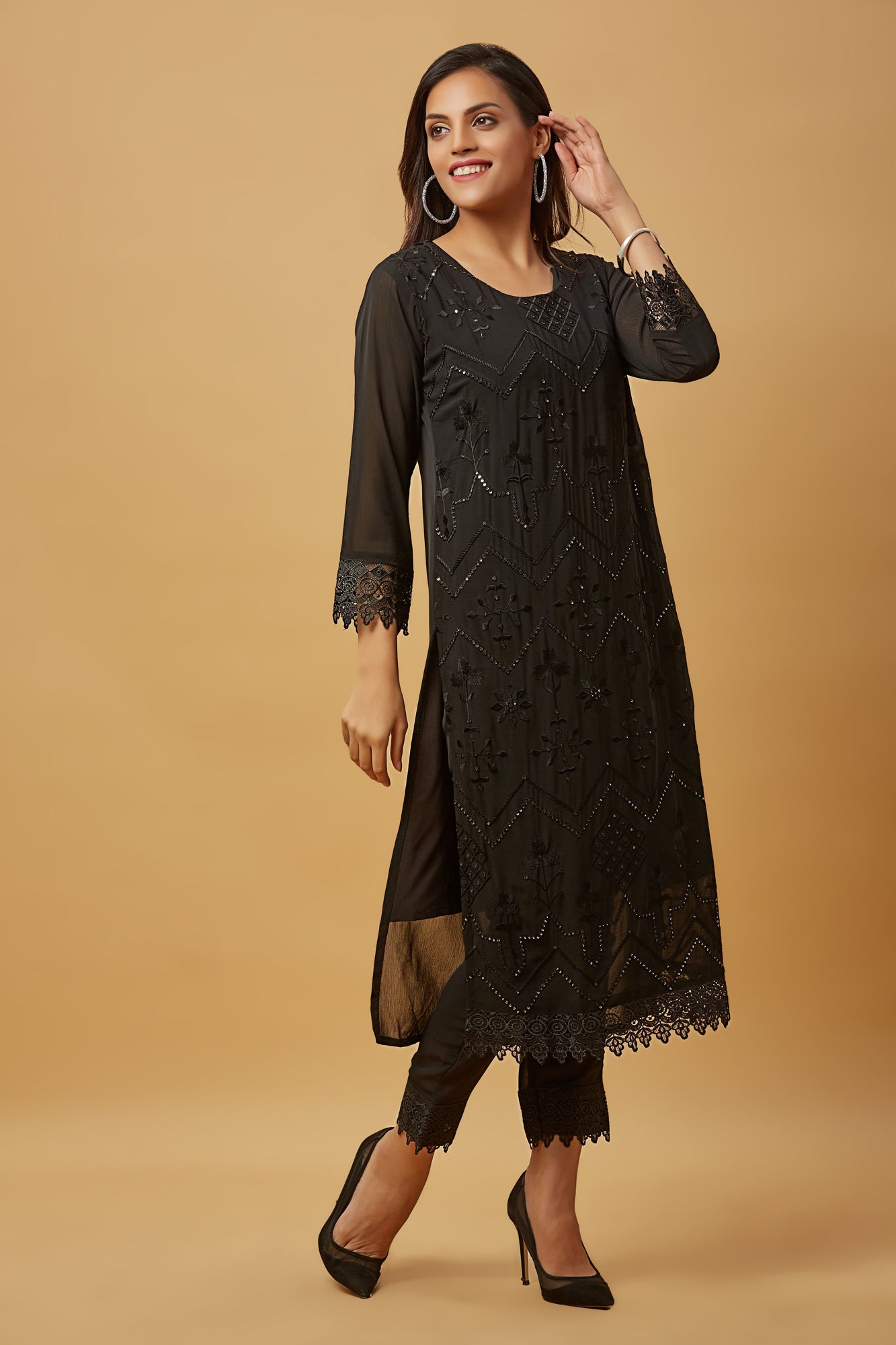 Urban Mystic Chiffon Black Embroidered Long Kurti Set