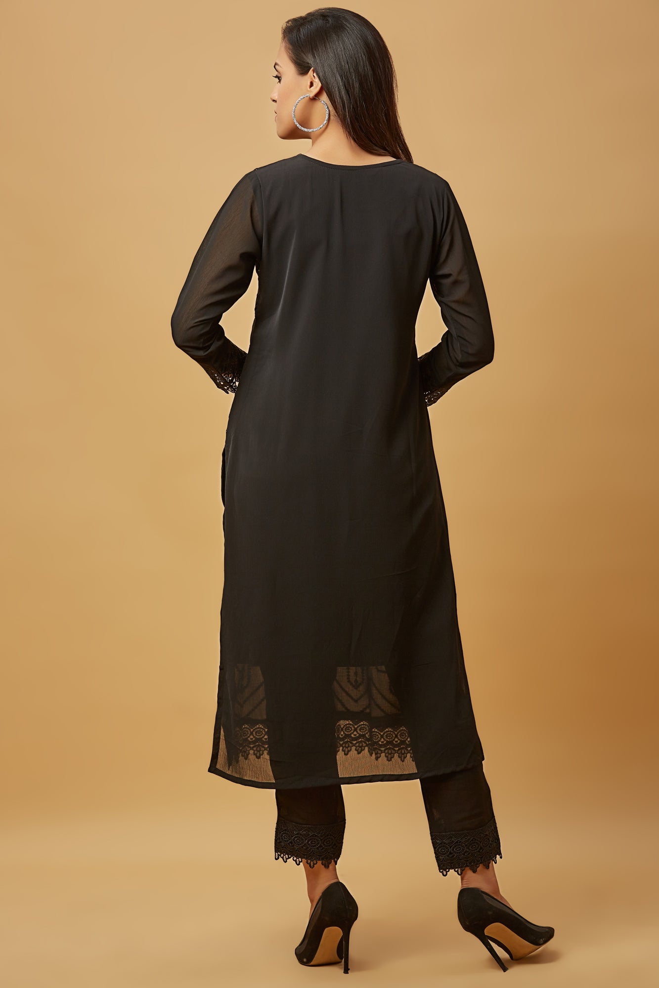 Urban Mystic Chiffon Black Embroidered Long Kurti Set