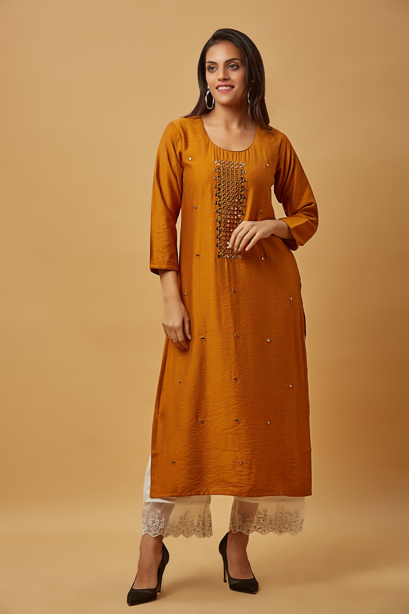 Urban Mystic Brown Mirror Work Embroidered Straight Kurta