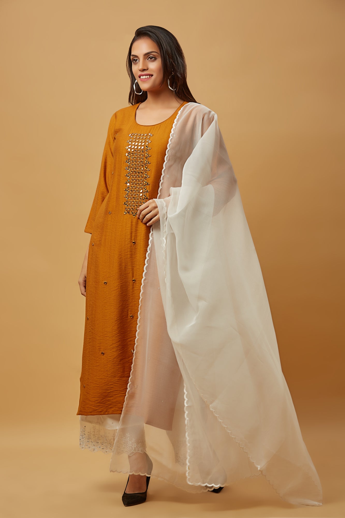 Urban Mystic Brown Mirror Work Embroidered Straight Kurta