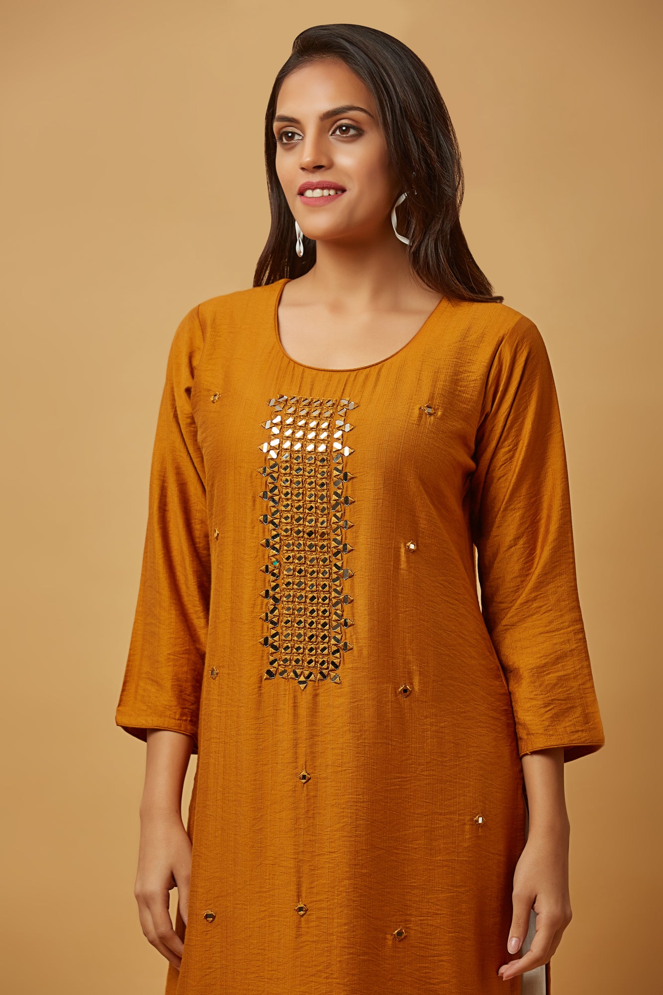 Urban Mystic Brown Mirror Work Embroidered Straight Kurta