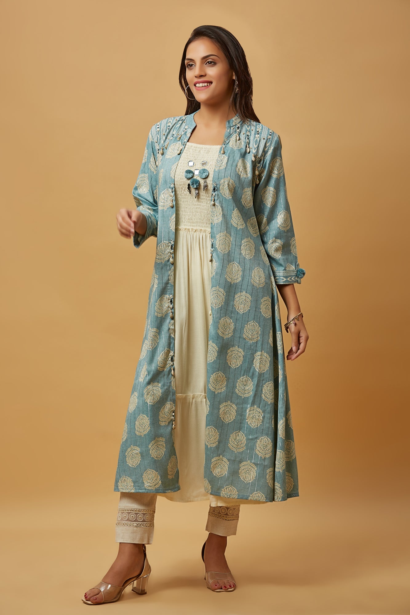Urban Mystic Vintage Printed Shrug With Flared Kurti