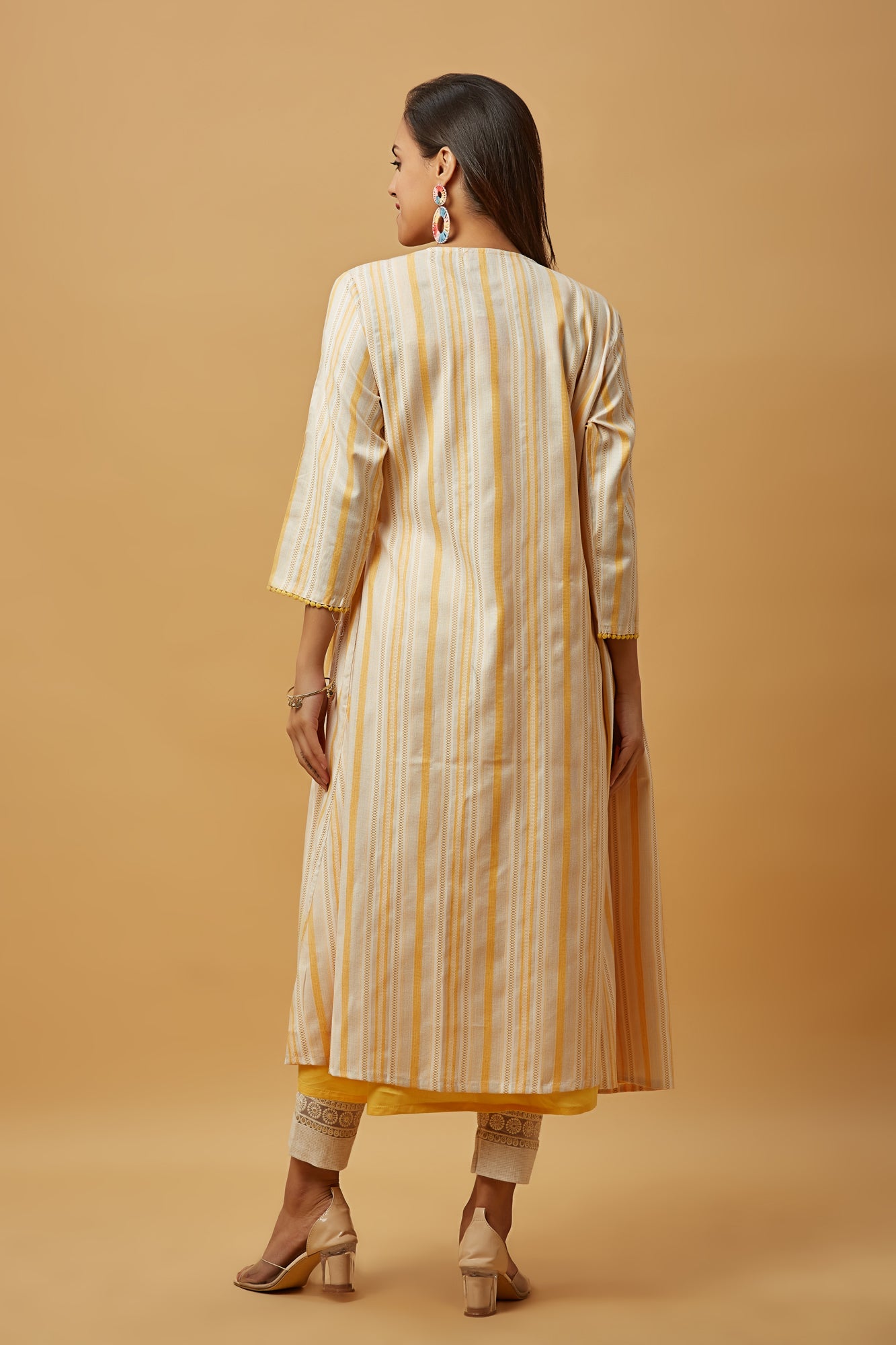 Urban Mystic Striped Stunning Shrug With Yellow Flared Kurti