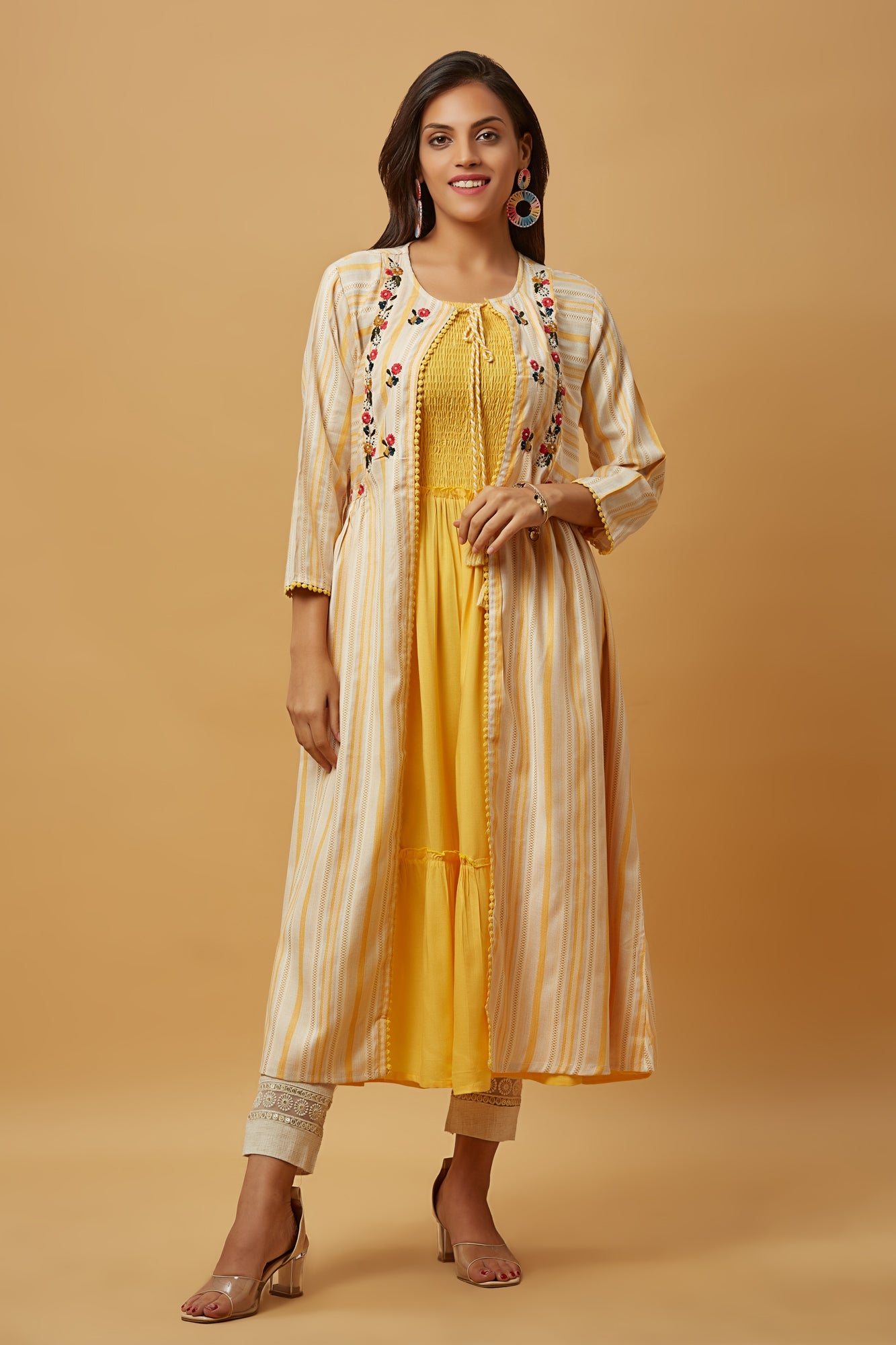 Urban Mystic Striped Stunning Shrug With Yellow Flared Kurti