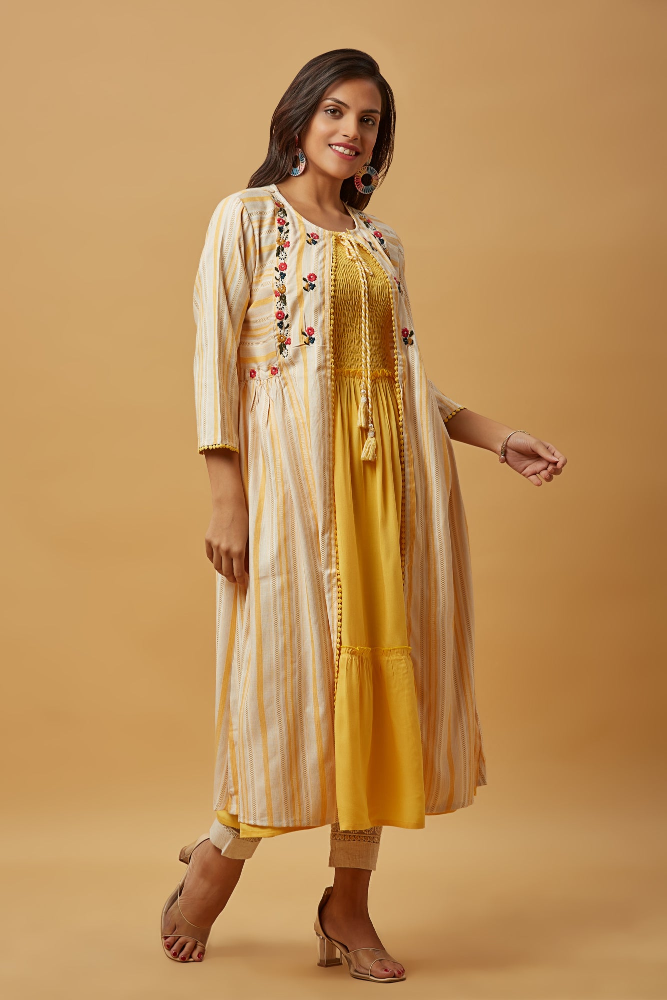 Urban Mystic Striped Stunning Shrug With Yellow Flared Kurti