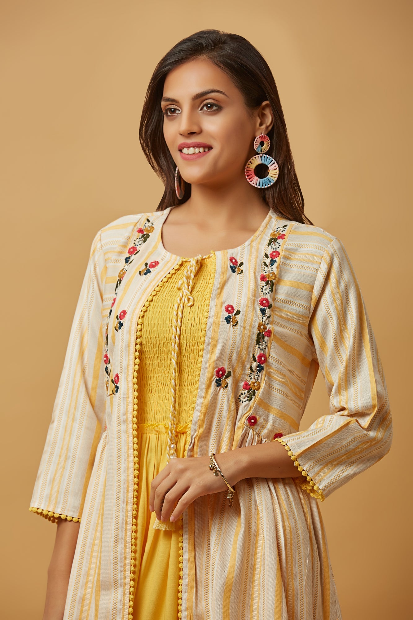 Urban Mystic Striped Stunning Shrug With Yellow Flared Kurti