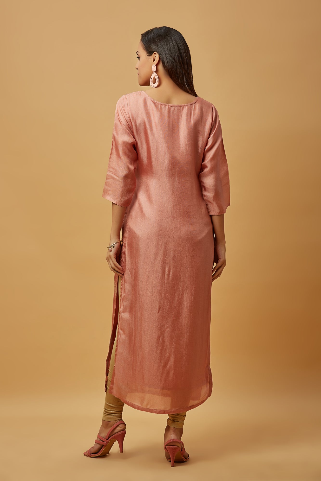 Urban Mystic Silk Peach Gold Embroidered Kurta