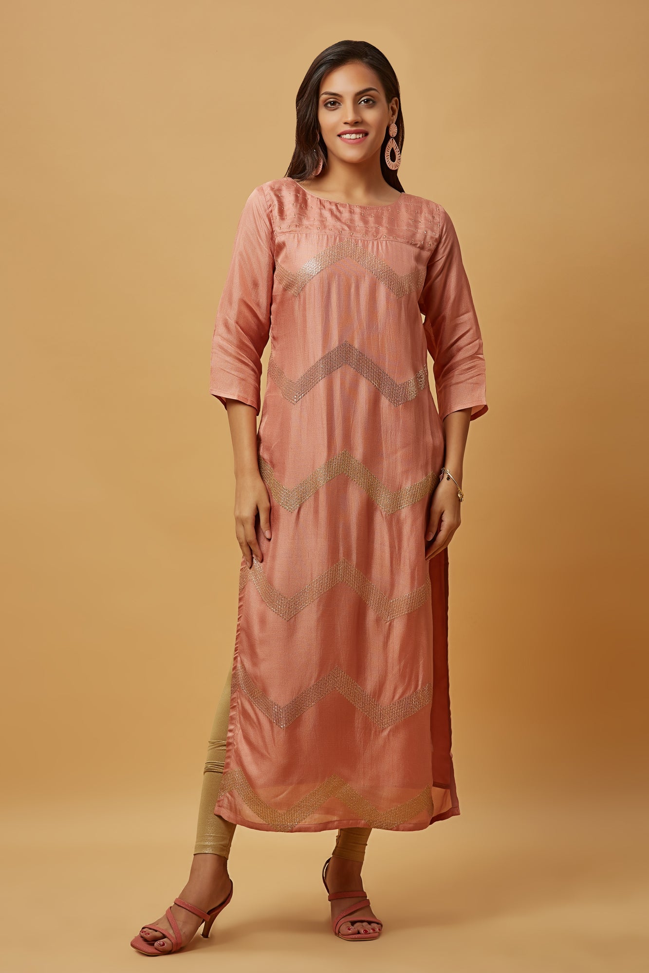 Urban Mystic Silk Peach Gold Embroidered Kurta