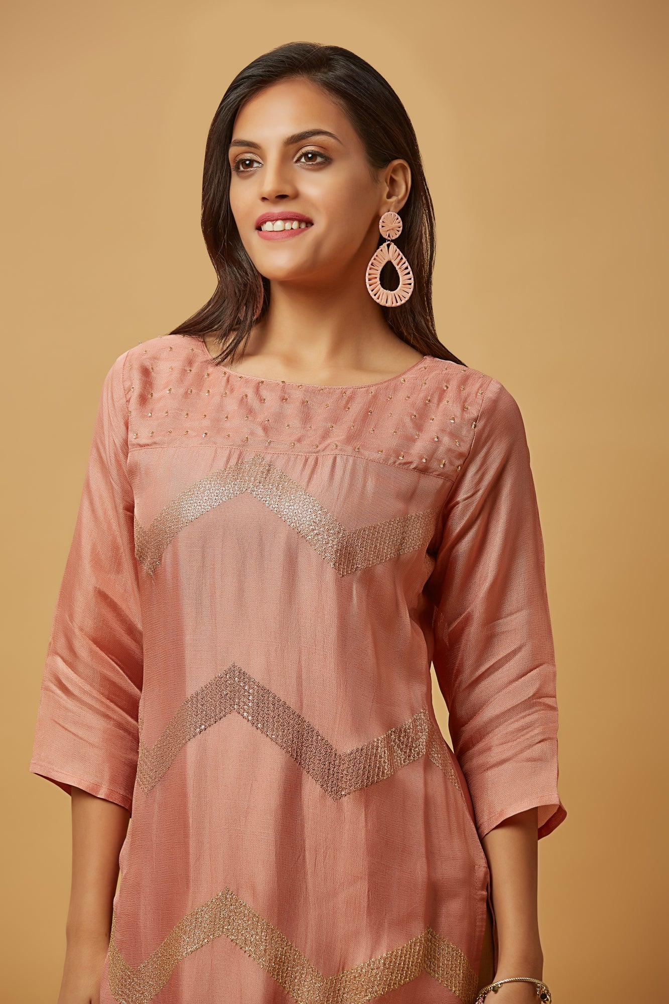Urban Mystic Silk Peach Gold Embroidered Kurta
