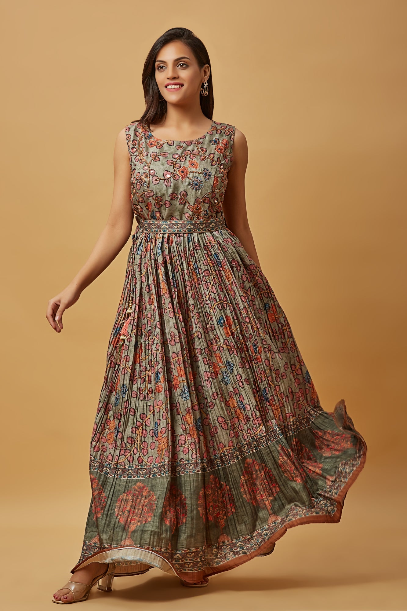 Urban Mystic Silk Multi Colored Long Flared Maxi Dress